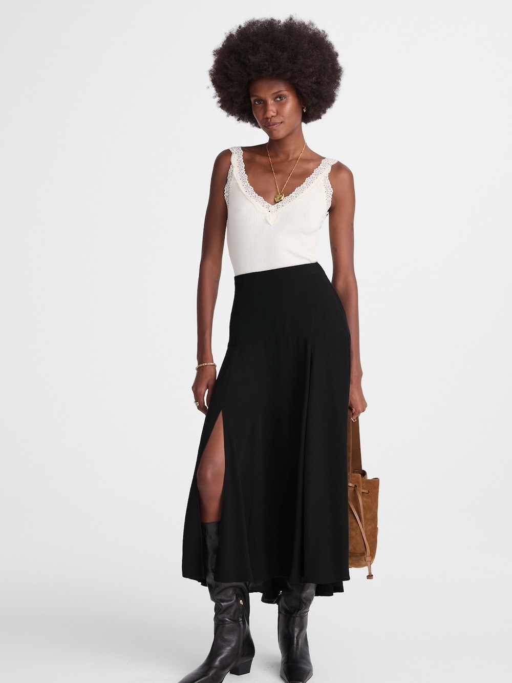 Madewell Circle Midi Skirt in Black Crêpe de Chine Size 12 Witchy/Fairy